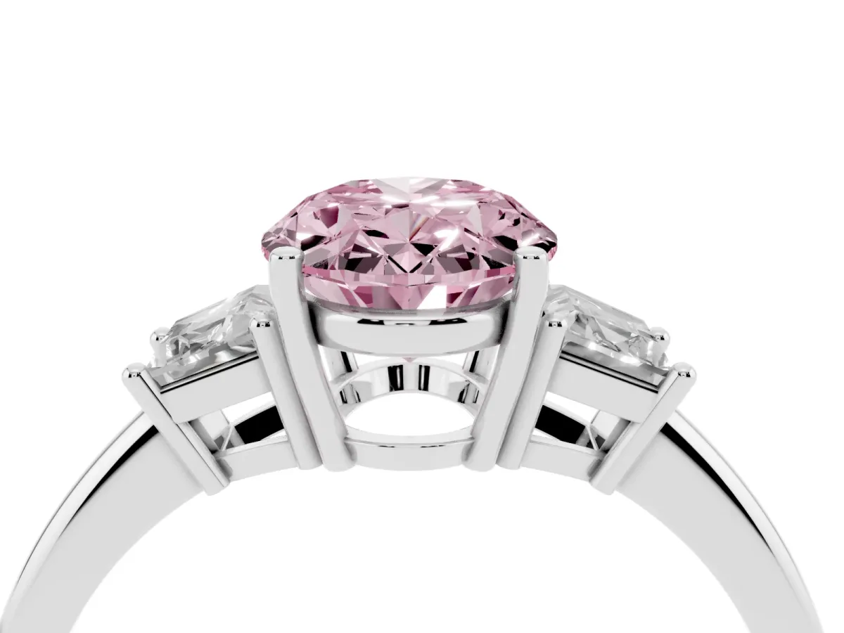 Fancy Pink Oval Cut Diamond Three-Stone Ring with Trapezoid Side Stones and Prong Setting Silver