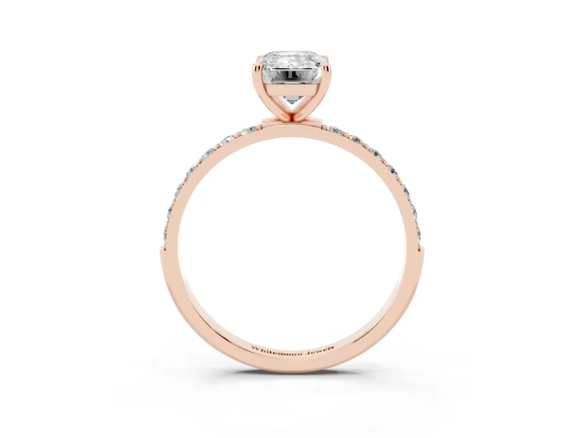 Emerald Cut Diamond Solitaire Ring with Round Pavé Shoulders and Prong Setting Rose gold