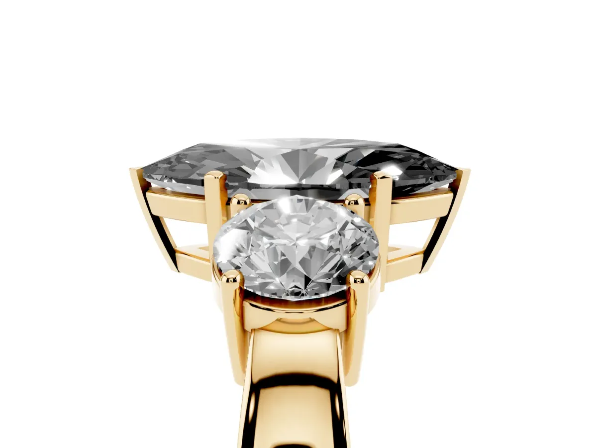 Fancy Black Three-Stone Marquise Cut Diamond Ring with Round Side Stones, Classic Band, and Four-Prong Setting Yellow gold