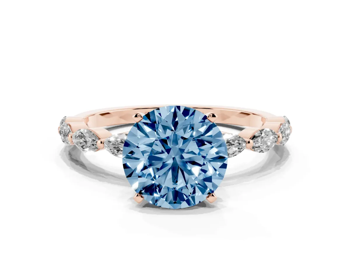 Fancy Blue Round Cut Diamond Ring with Marquise Side Stones and Prong Setting Rose gold
