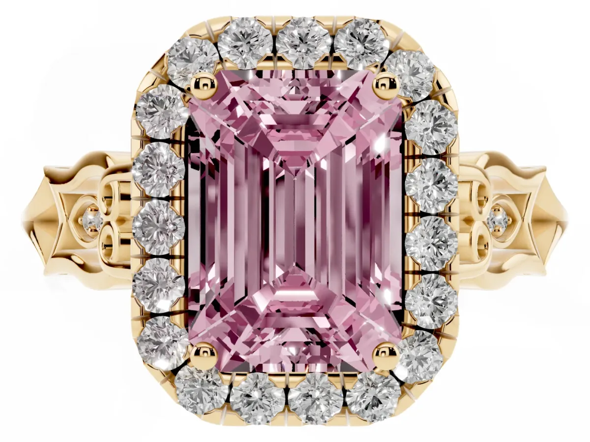 Fancy Pink Emerald Cut Halo Diamond Engagement Ring with Filigree Band and Four-Prong Setting Yellow gold