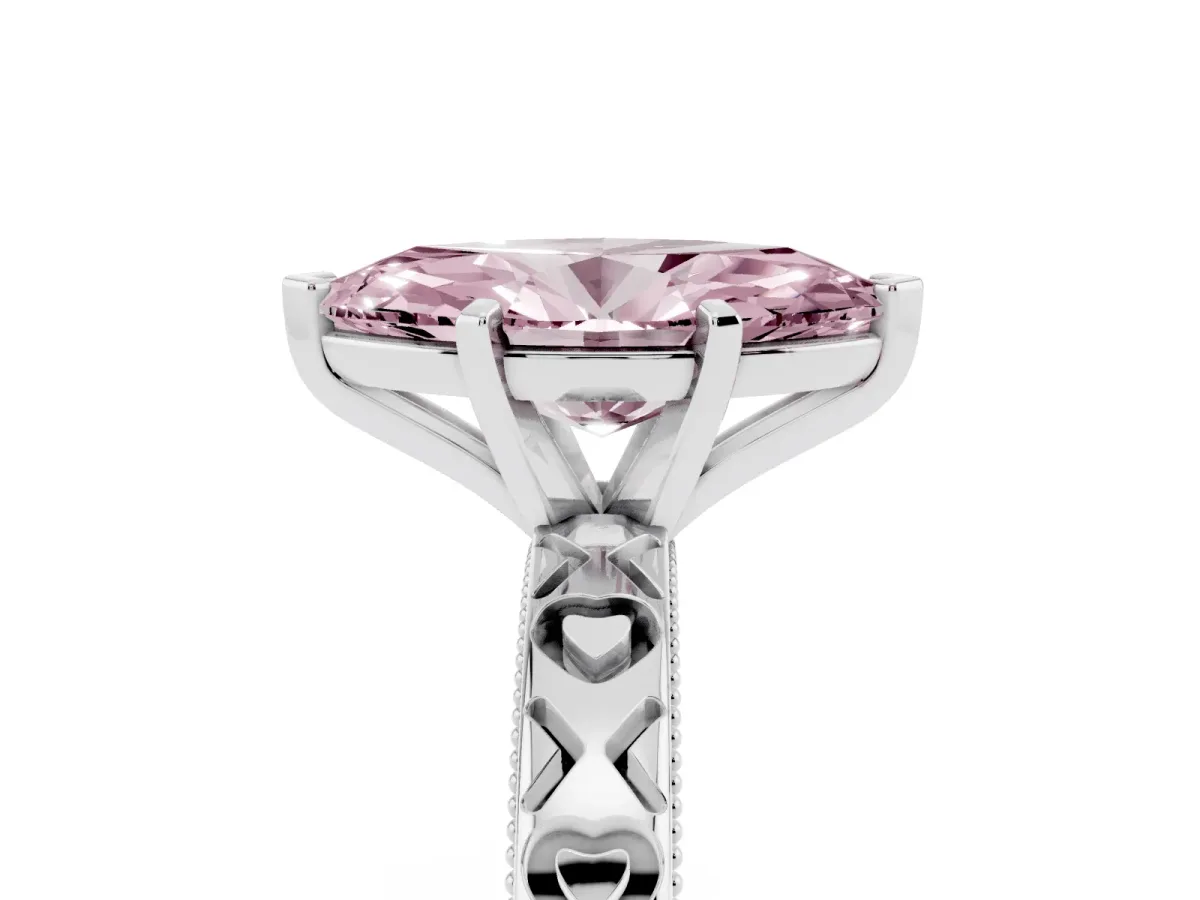 Fancy Pink Marquise Cut Solitaire Diamond Engagement Ring with XO Engraved Band and Four-Prong Setting White gold