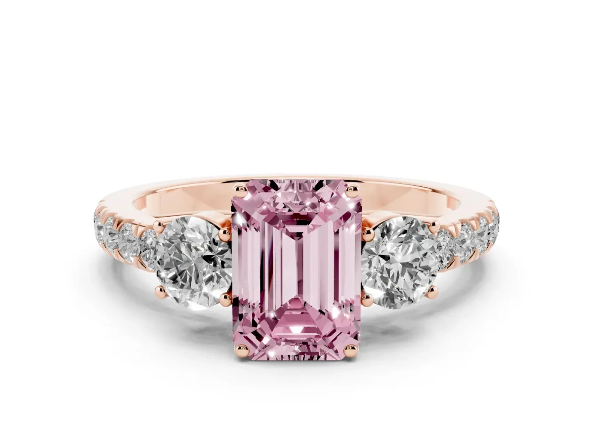 Fancy Pink Emerald Cut Cut Diamond Three-Stone Ring with Round Side Stones and Pavé Band Rose gold
