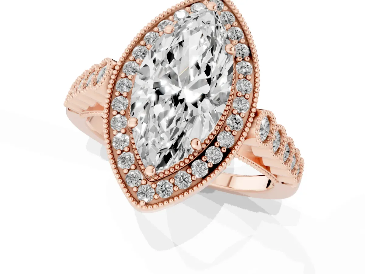 Marquise Cut Halo Milgrain Solitaire with Bezel Set Side Stones and Pave Band Rose gold