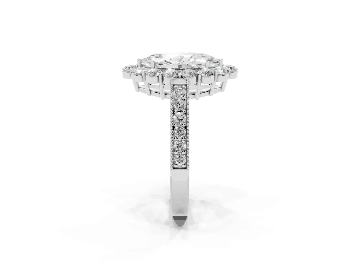 Marquise Cut Cut Halo Diamond Pavé Engagement Ring with Milgrain Detailing White gold