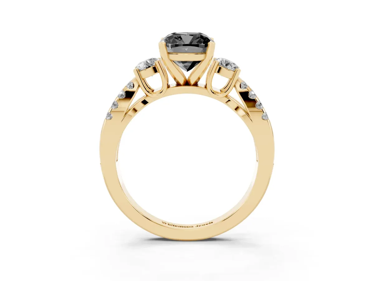Fancy Black Cushion Cut Diamond Three-Stone Ring with Pavé Split Shank and Four-Prong Setting Yellow gold