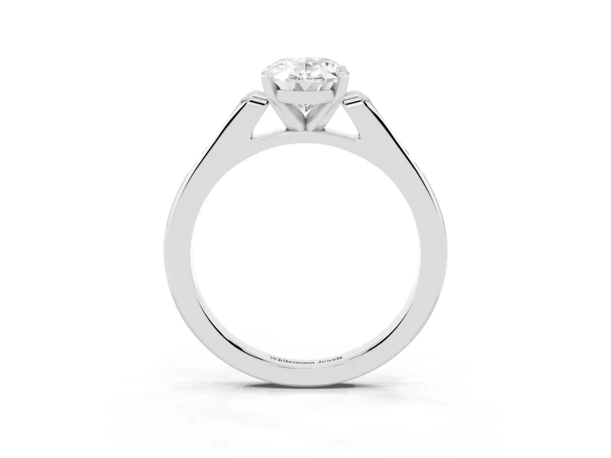 Oval Cut Diamond Solitaire Ring with Channel Set Round Band and Prong Setting Silver