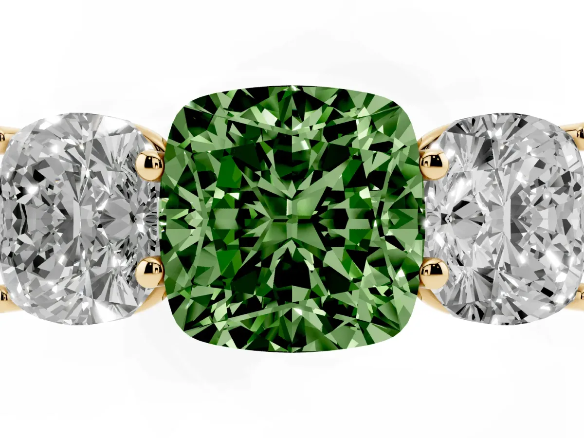 Fancy Green Cushion Cut Three-Stone Diamond Ring with Prong Setting on a Classic Band Yellow gold