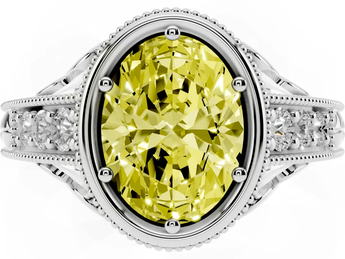 Fancy Yellow Bezel Set Oval Cut Diamond Milgrain Pave Engagement Ring Silver