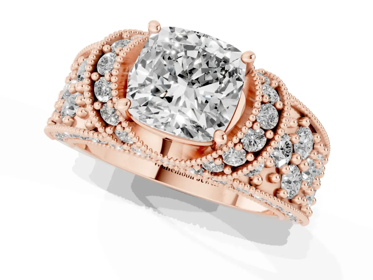 Cushion Cut Halo Pave Diamond Engagement Ring with Milgrain Detailing Rose gold