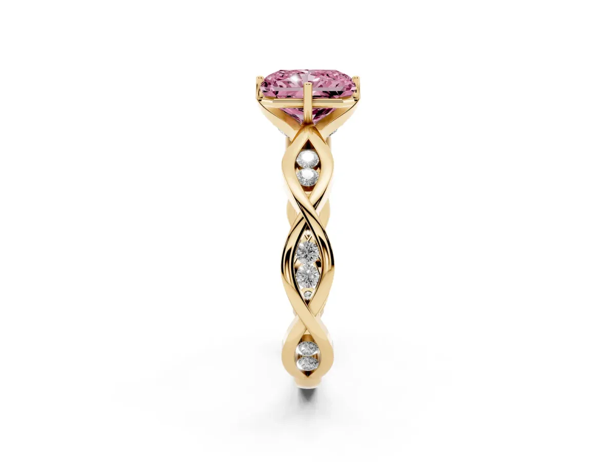 Fancy Pink Radiant Cut Solitaire Twist Band with Leaf Prong Setting Yellow gold