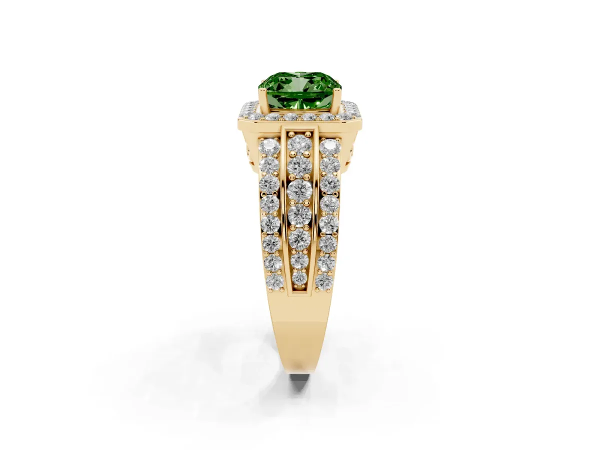Fancy Green Cushion Cut Halo Diamond Ring with Round Split Shank and Prong Setting Yellow gold
