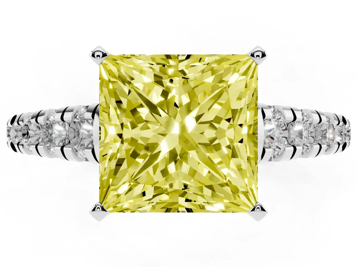 Fancy Yellow Princess Cut Diamond Cathedral Solitaire Ring with Round Pavé Band Silver
