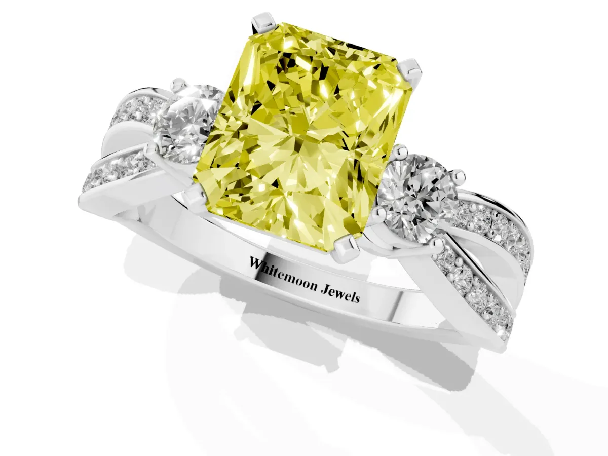Fancy Yellow Three-Stone Radiant Cut Cut Diamond Twist Band with Prong Setting Silver