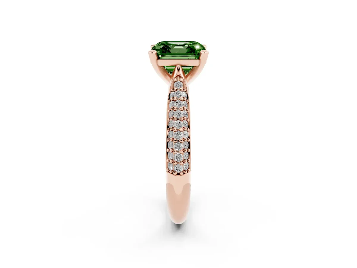 Fancy Green Asscher Cut Diamond Solitaire Engagement Ring with Multi-Row Round Pavé Band and Prong Setting Rose gold