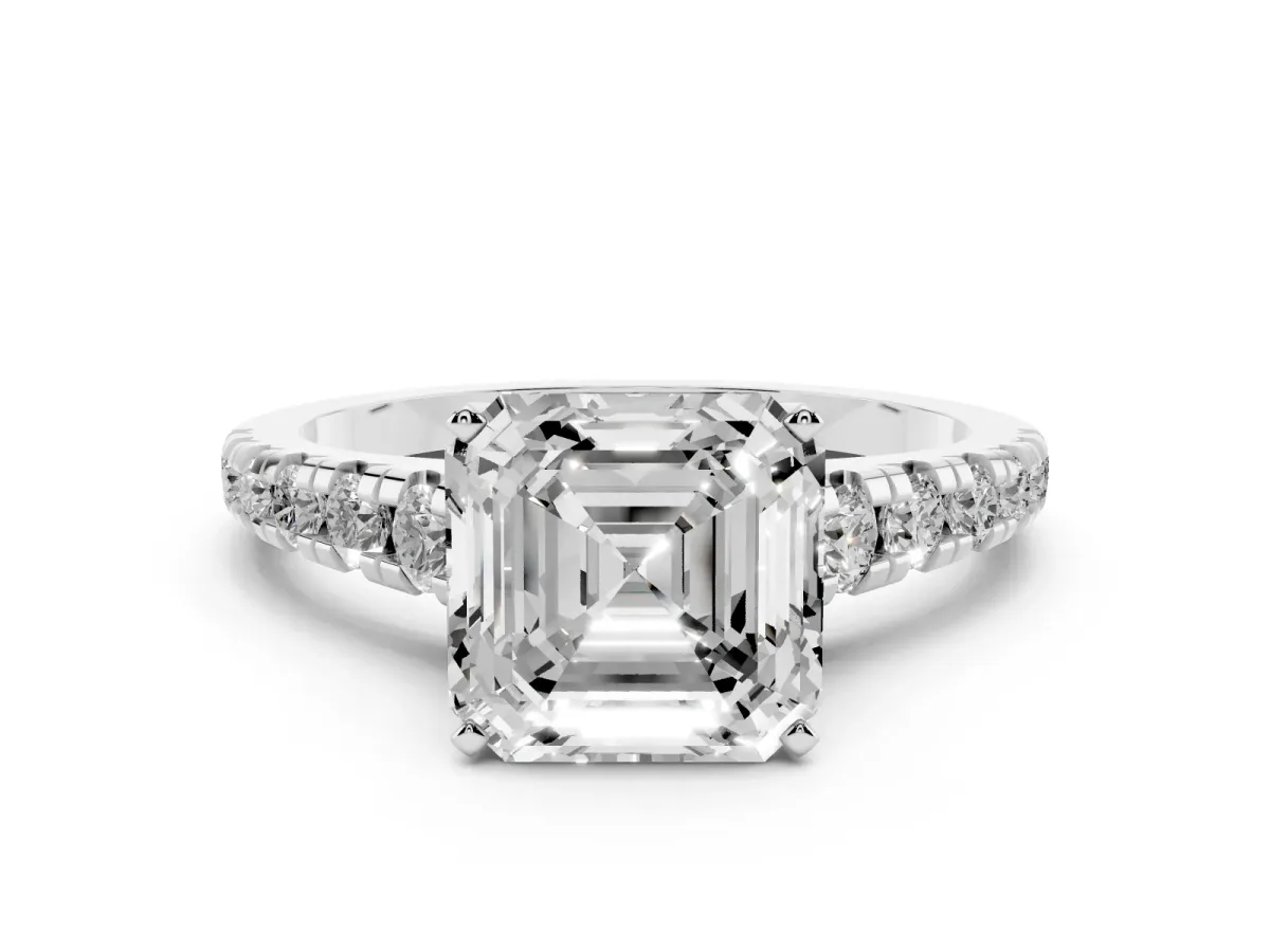 Asscher Cut Diamond Cathedral Solitaire Ring with Round Pavé Band White gold