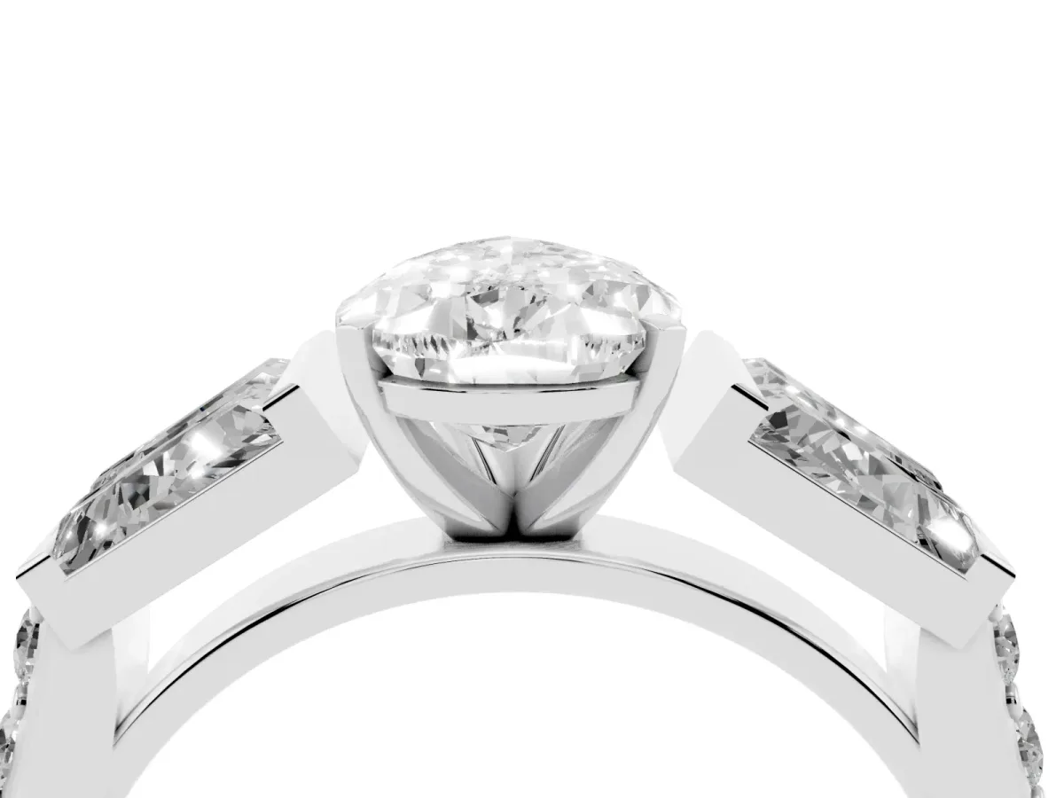 Pear Cut Diamond Engagement Ring with Baguette Side Stones and Channel Set Band Platinum