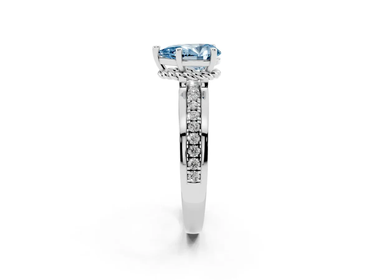 Fancy Blue Pear Cut Solitaire Diamond Ring with Channel Set Band and Six-Prong Setting Silver