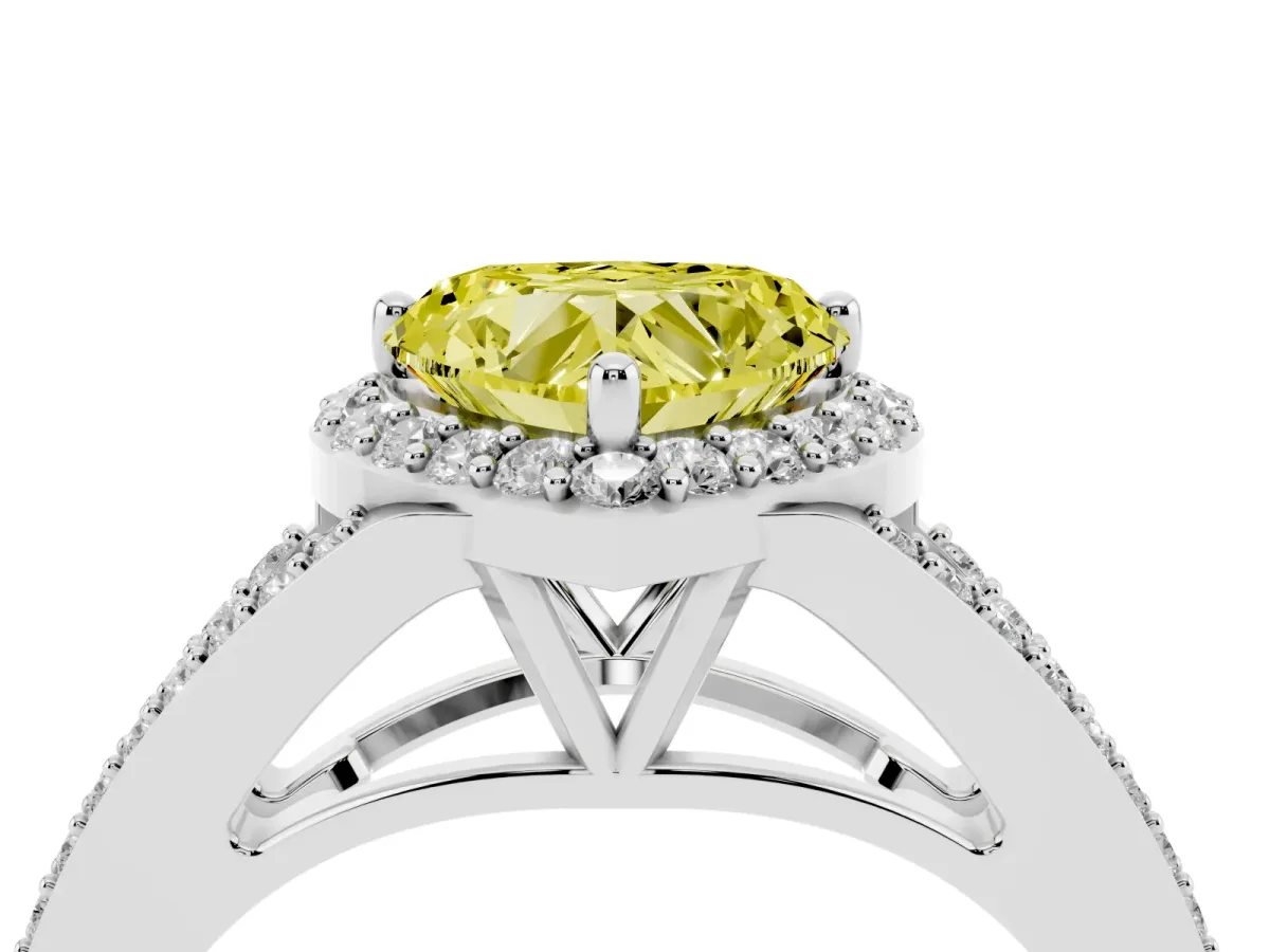 Fancy Yellow Heart Cut Halo Split Shank Diamond Ring with Prong Setting Silver