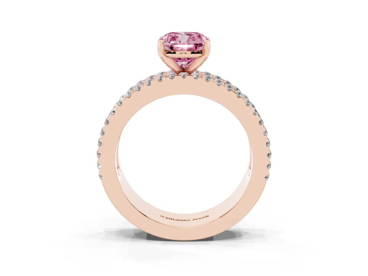 Fancy Pink Cushion Cut Diamond Solitaire Ring with Pavé and Channel Set Band Rose gold