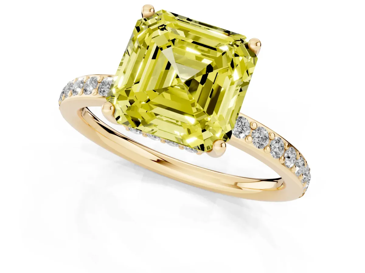 Fancy Yellow Asscher Cut Cut Diamond Pavé Band Ring with Four-Prong Setting Yellow gold