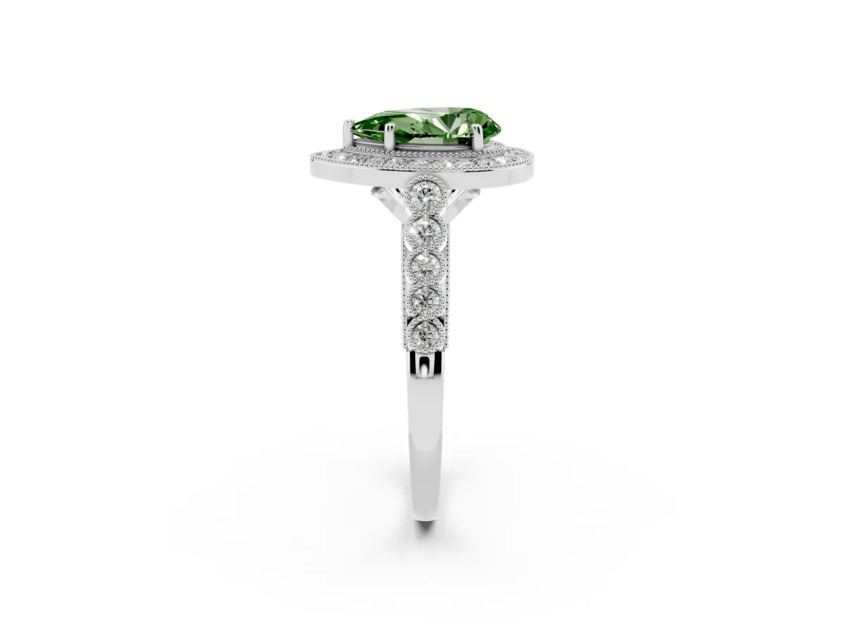 Fancy Green Pear Cut Halo Twist Band Solitaire Ring with Six-Prong Setting Silver