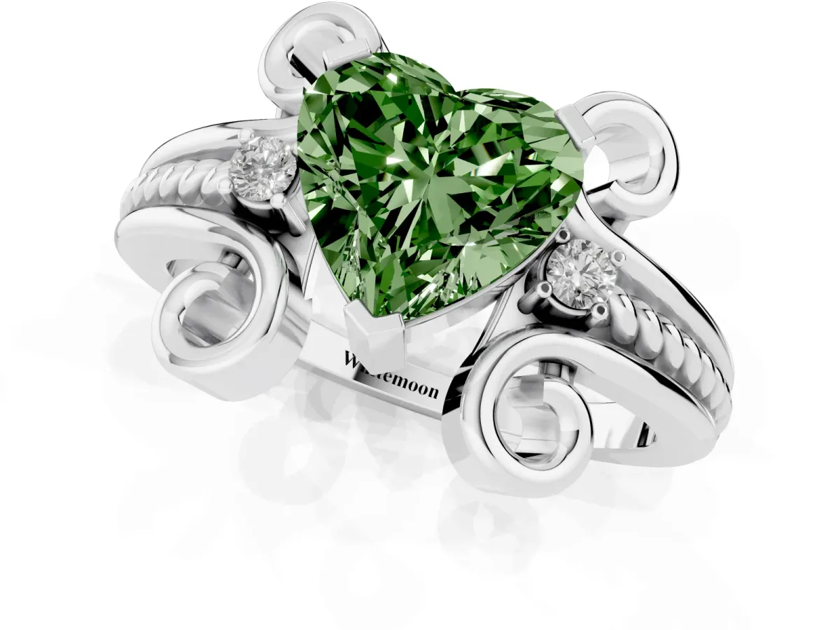 Fancy Green Heart Cut Solitaire Twisted Band Scroll Prong Ring White gold