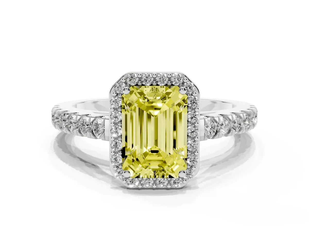 Fancy Yellow Emerald Cut Cut Halo Diamond Engagement Ring with Pave Band and Four-Prong Setting Platinum