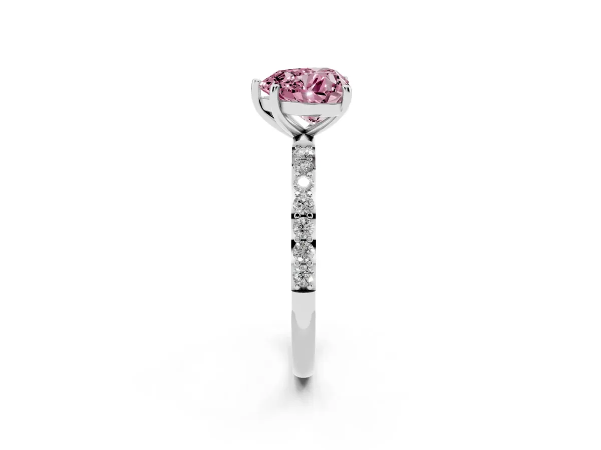 Fancy Pink Heart Cut Diamond Solitaire Ring with Round Pavé Shoulders and Prong Setting Silver