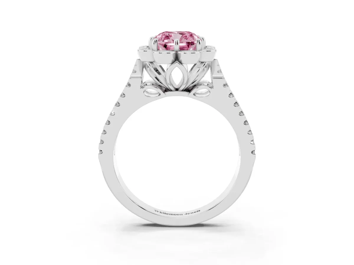 Fancy Pink Cushion Cut Halo Diamond Floral Split Shank Engagement Ring Silver