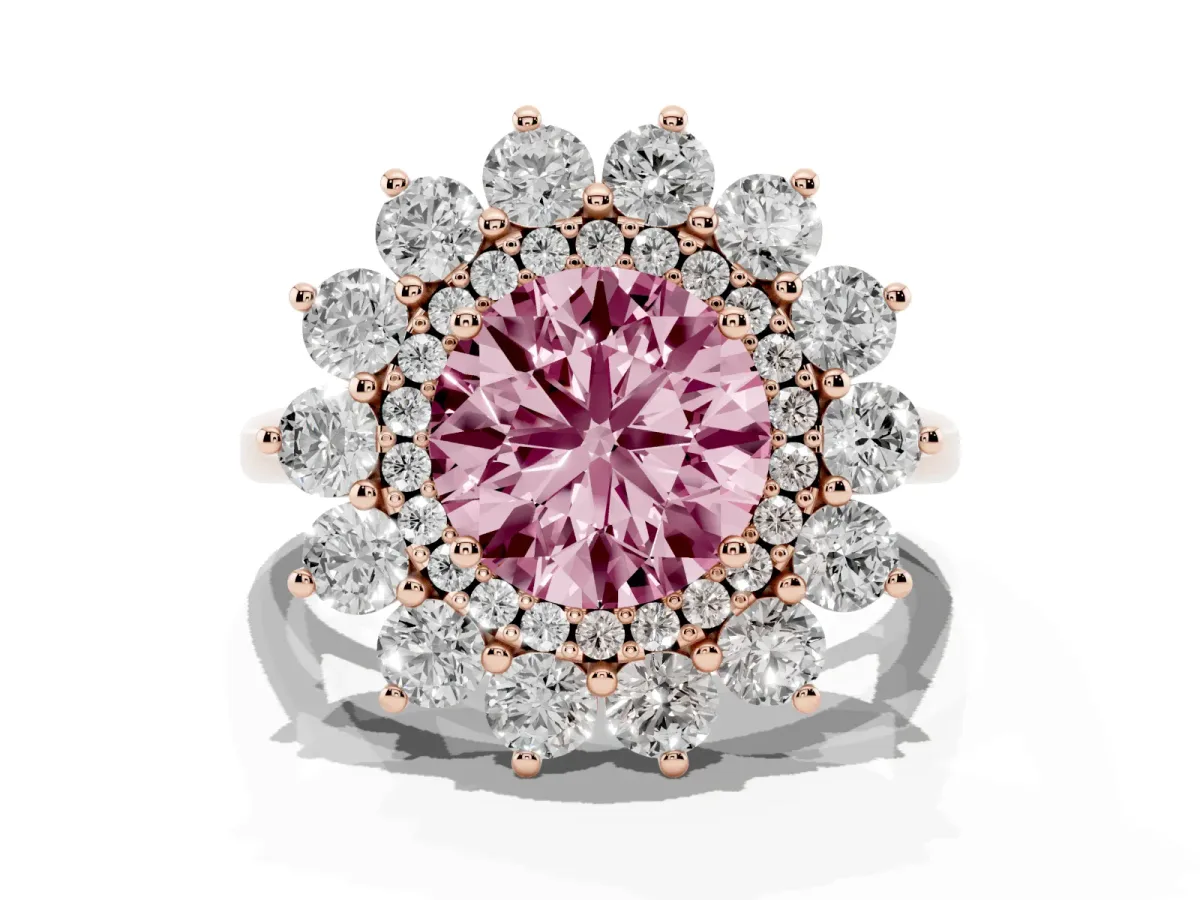 Fancy Pink Round Cut Diamond Floral Double Halo Engagement Ring with Prong Setting Rose gold