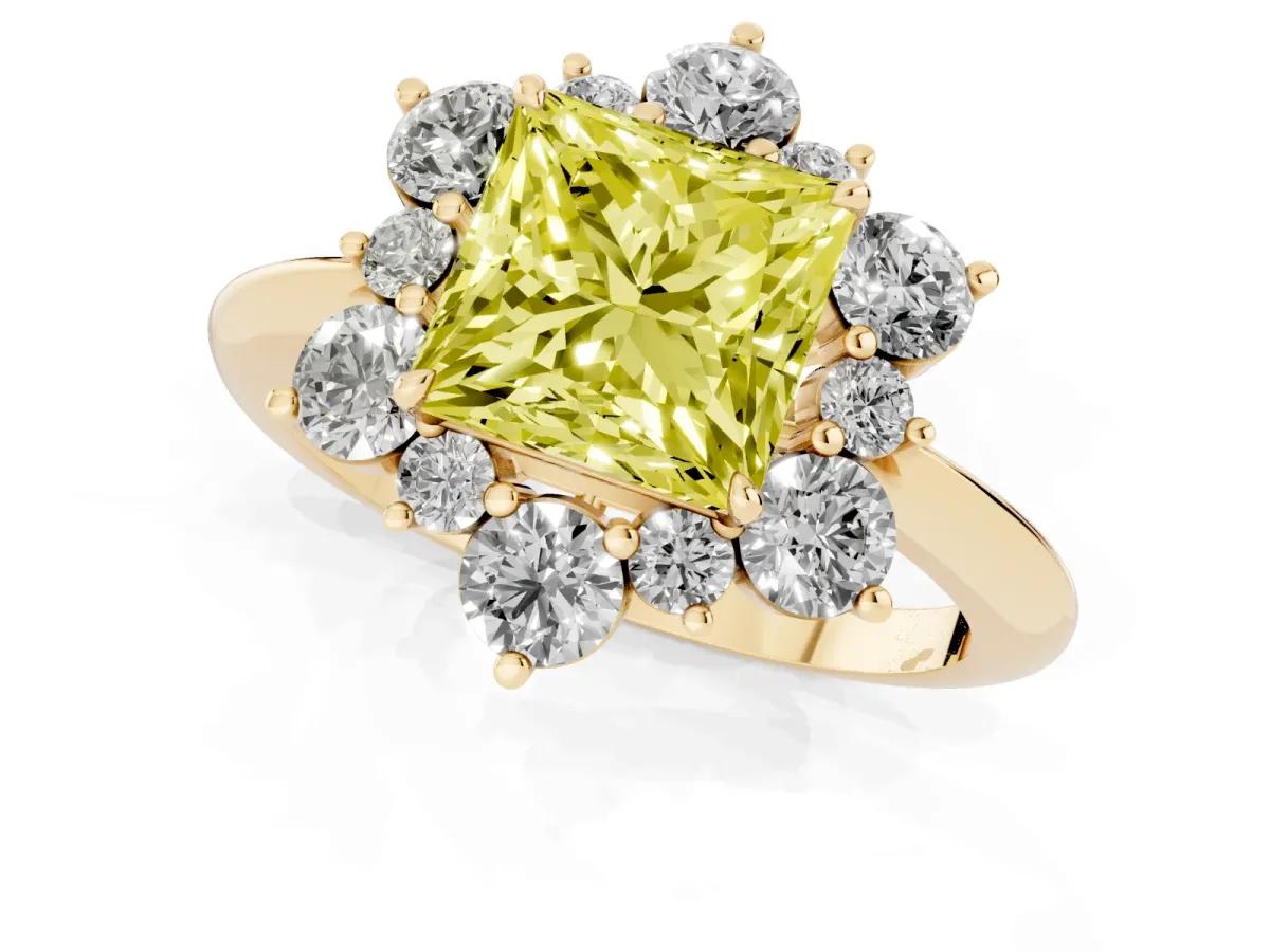 Fancy Yellow Princess Cut Diamond Cluster Halo Ring with Solitaire Band and Four-Prong Setting Yellow gold