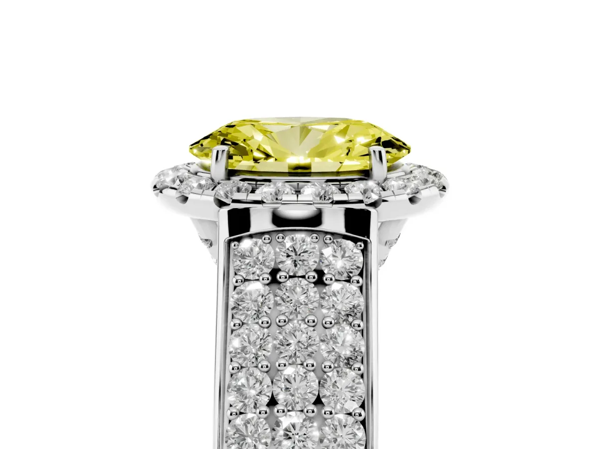 Fancy Yellow Oval Cut Halo Round Diamond Pave Band with Prong Setting Silver