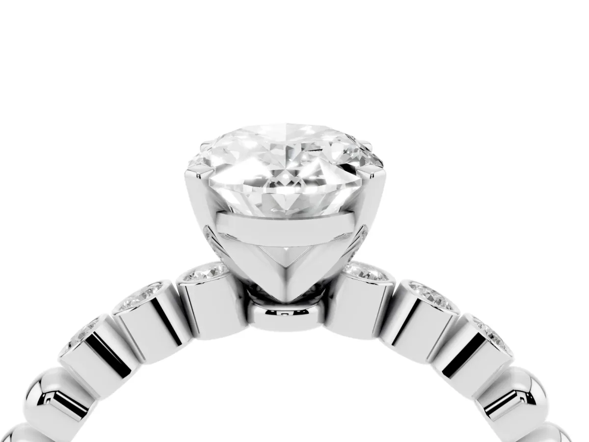 Oval Cut Solitaire Bezel Accent Diamond Engagement Ring with Beaded Band and Four-Prong Setting Silver