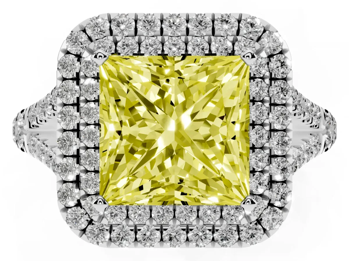 Fancy Yellow Princess Cut Cut Double Halo Split Shank Diamond Ring with Prong Setting Silver