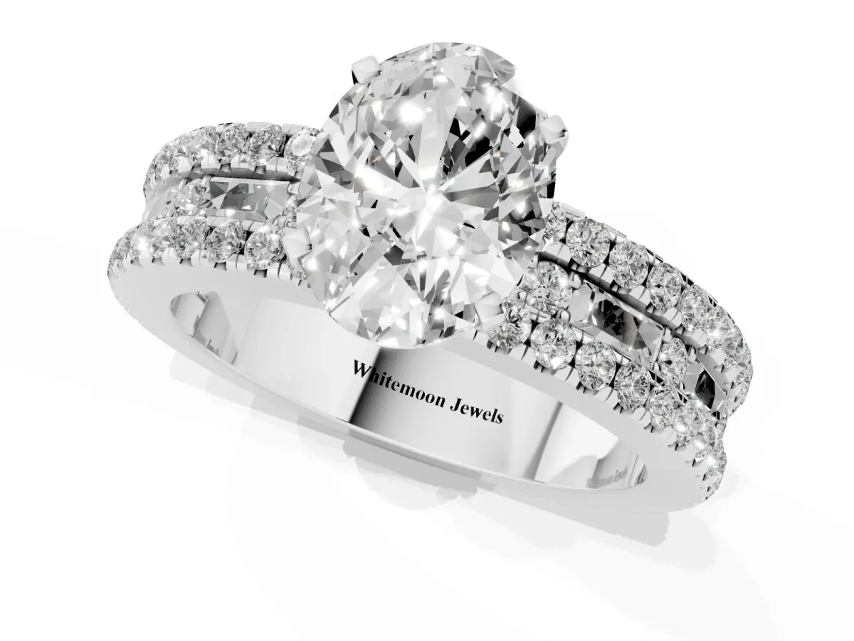 Oval Cut Diamond Solitaire Ring with Pavé and Channel Set Band Silver