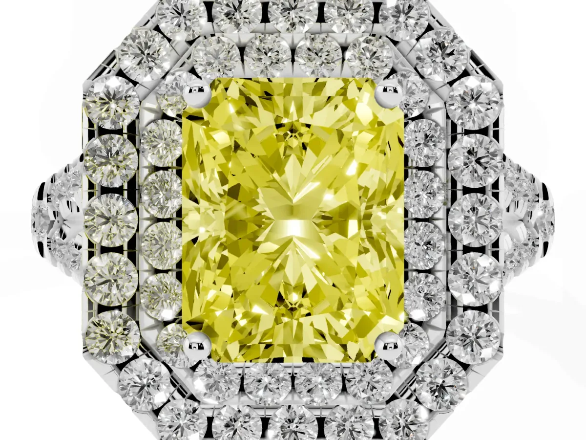 Fancy Yellow Double Halo Radiant Cut Diamond Pavé Split Shank Ring with Prong Setting Silver