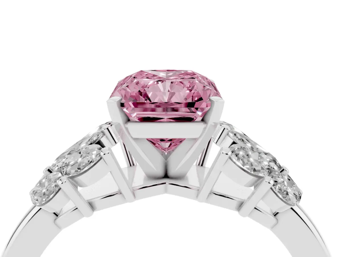 Fancy Pink Radiant Cut Diamond Cluster Leaf Design Ring with Prong Setting White gold