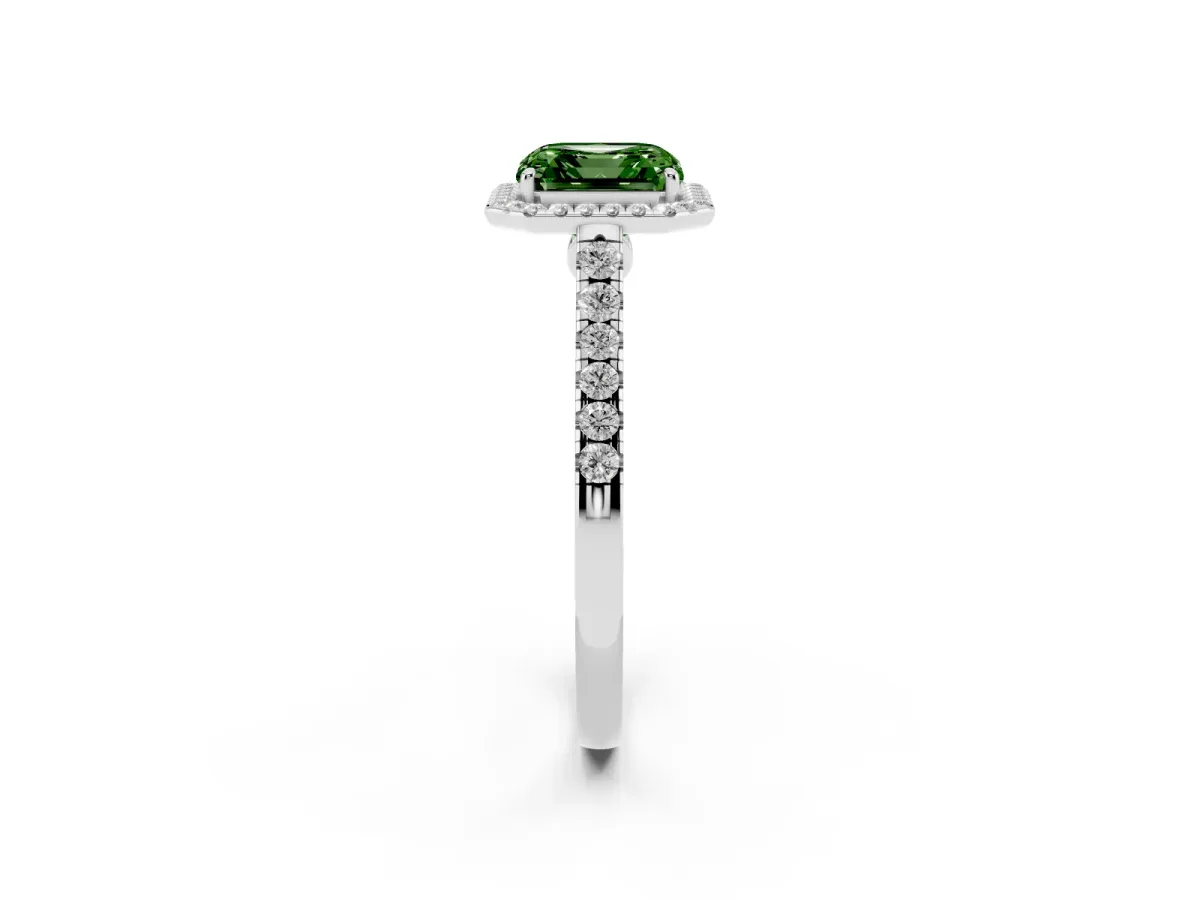 Fancy Green Asscher Cut Halo Pave Diamond Engagement Ring with Four-Prong Setting Platinum