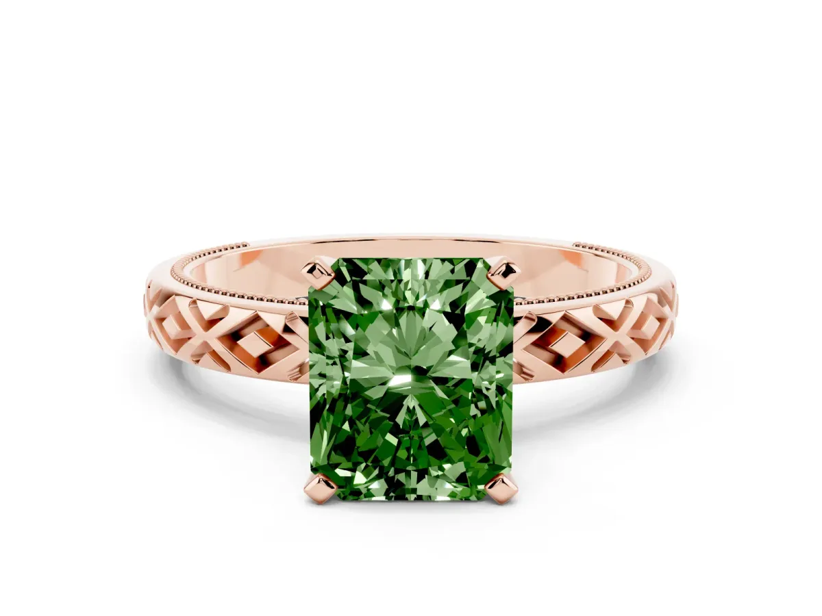 Fancy Green Radiant Cut Solitaire Diamond Ring with Milgrain and Black Enamel X Pattern Band Rose gold