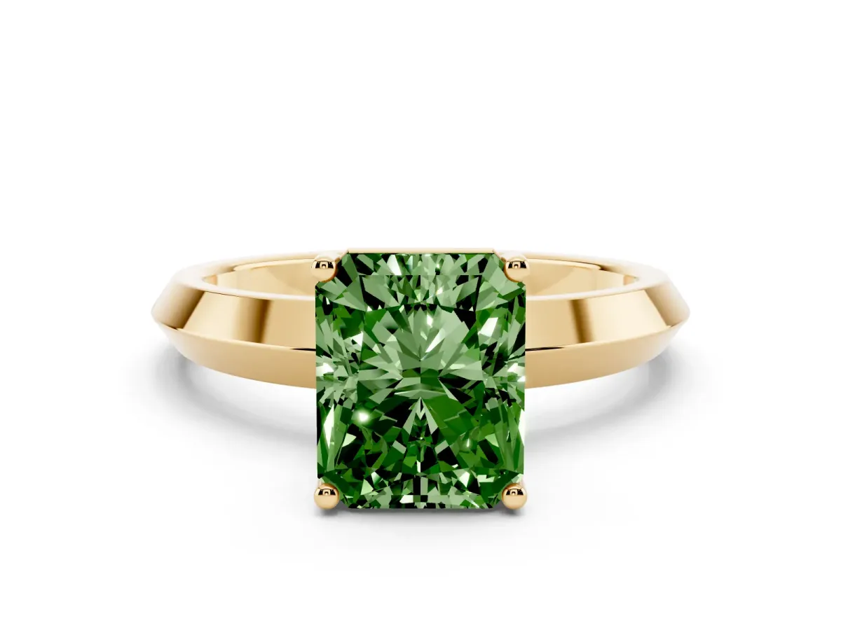 Fancy Green Radiant Cut Cut Solitaire Engagement Ring with Flat Band and Four-Prong Setting Yellow gold