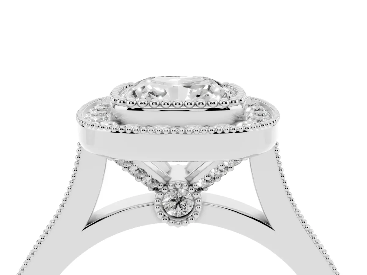 Cushion Cut Diamond Halo Ring with Milgrain Frame and Pavé Band Silver