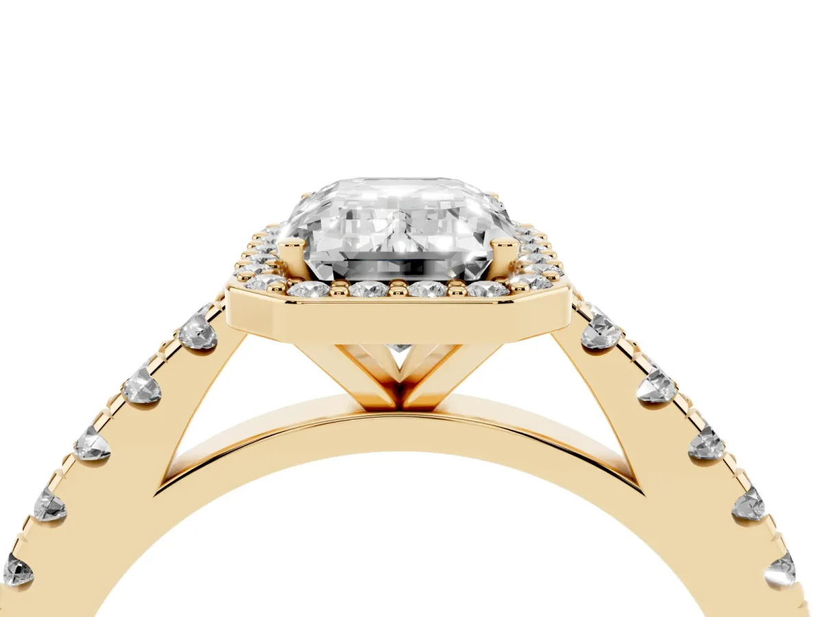 Emerald Cut Cut Halo Diamond Engagement Ring with Pave Band and Four-Prong Setting Yellow gold