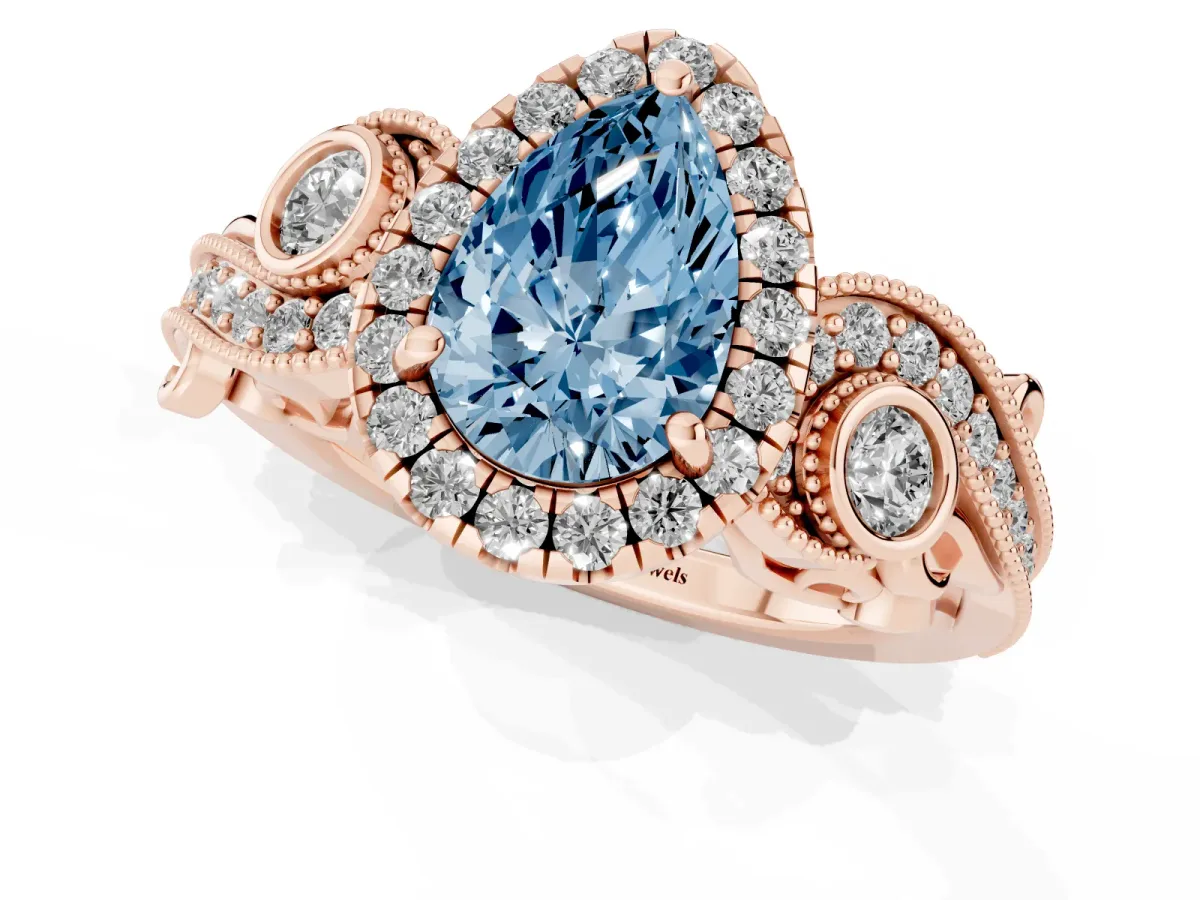 Fancy Blue Pear Cut Diamond Halo Ring with Milgrain Pavé Band and Four-Prong Setting Rose gold