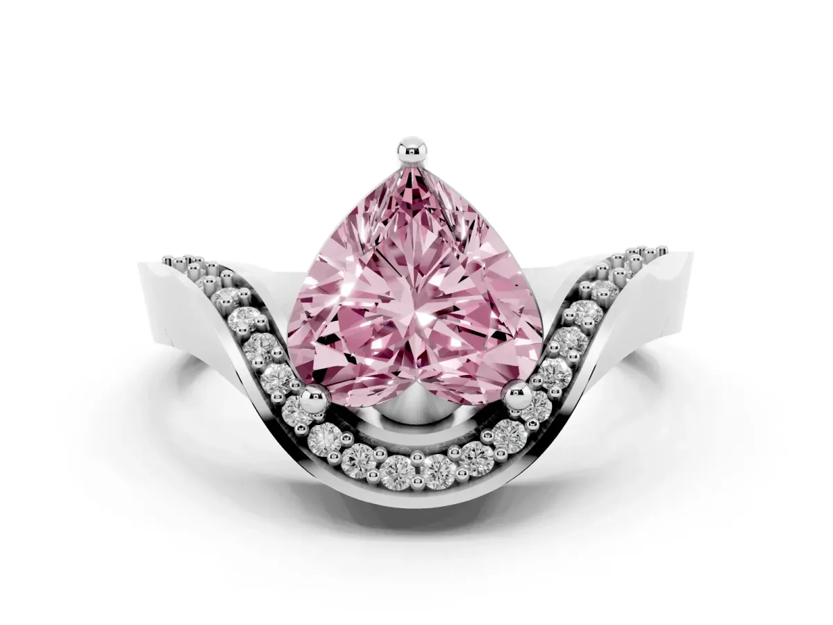 Fancy Pink Heart Cut Solitaire Diamond Engagement Ring with Pave Band and Four-Prong Setting Platinum