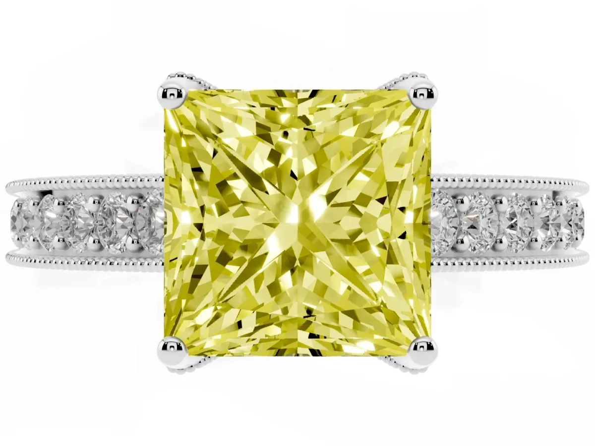 Fancy Yellow Princess Cut Cut Diamond Solitaire Ring with Milgrain Pave Band and Four Prong Setting Silver