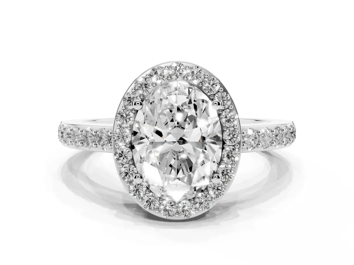 Oval Cut Halo Diamond Pavé Band Ring with Prong Setting Silver