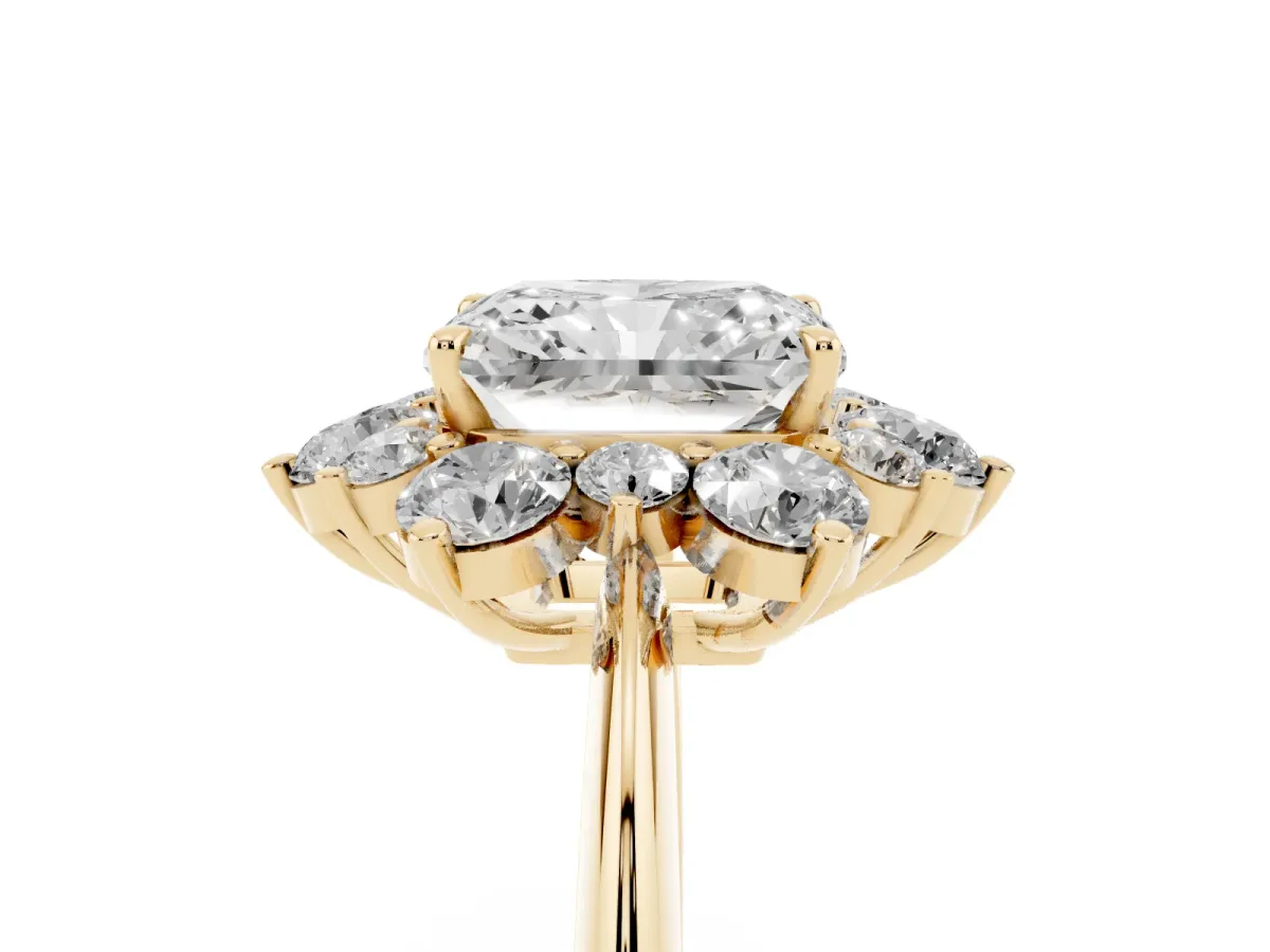 Radiant Cut Diamond Cluster Halo Ring with Solitaire Band and Four-Prong Setting Yellow gold