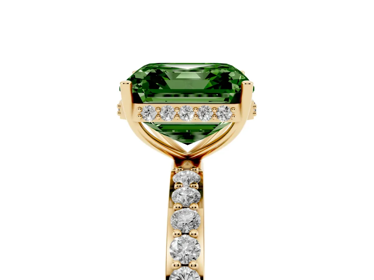 Fancy Green Asscher Cut Diamond Solitaire Ring with Pavé Band and Hidden Halo Yellow gold