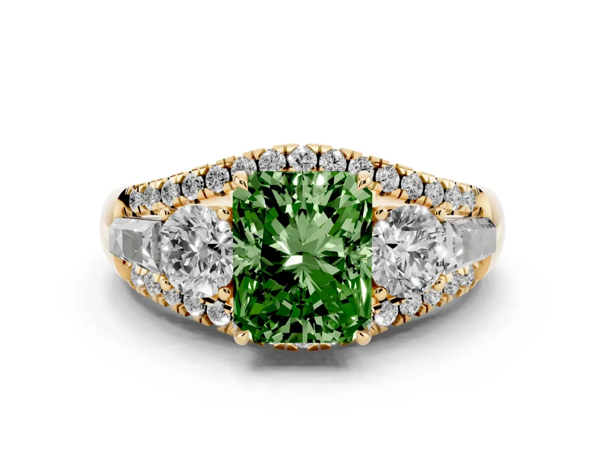 Fancy Green Three-Stone Radiant Cut Diamond Engagement Ring with Pave Band and Prong Setting Yellow gold